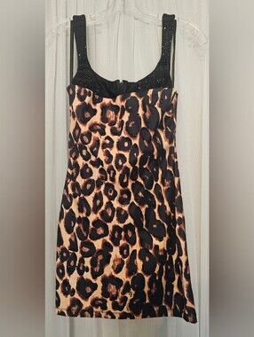 Seni & Cade Leopard Print Mini Dress with Black Sequin Trim - Size XS